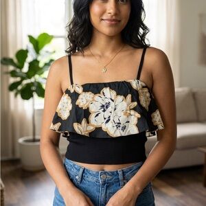 Anthropologie Black Floral Ruffle Crop Tank